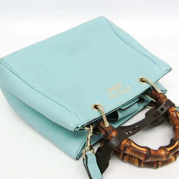 GUCCI Authentic Blue Leather Bamboo Shoulder Bag - Picture 9 of 16